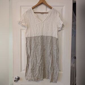 Lina Tomei 100% Linen Short-sleeve Colorblock Dress in White & Gray Size Medium